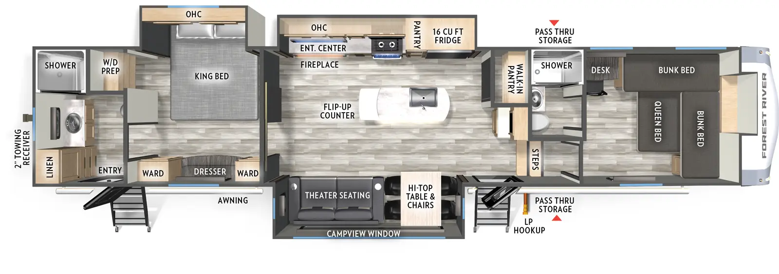 The Cardinal 35FUN floorplan has two entries and three slide outs. Exterior features include: fiberglass exterior and 13' & 12' awning. Interiors features include: bunk beds, kitchen island, rear bathroom and two full bathrooms.
